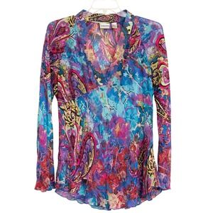 Chico's‎ 100% Silk Top Blouse Women's XL Sheer Wearable Art Colorful Paisley